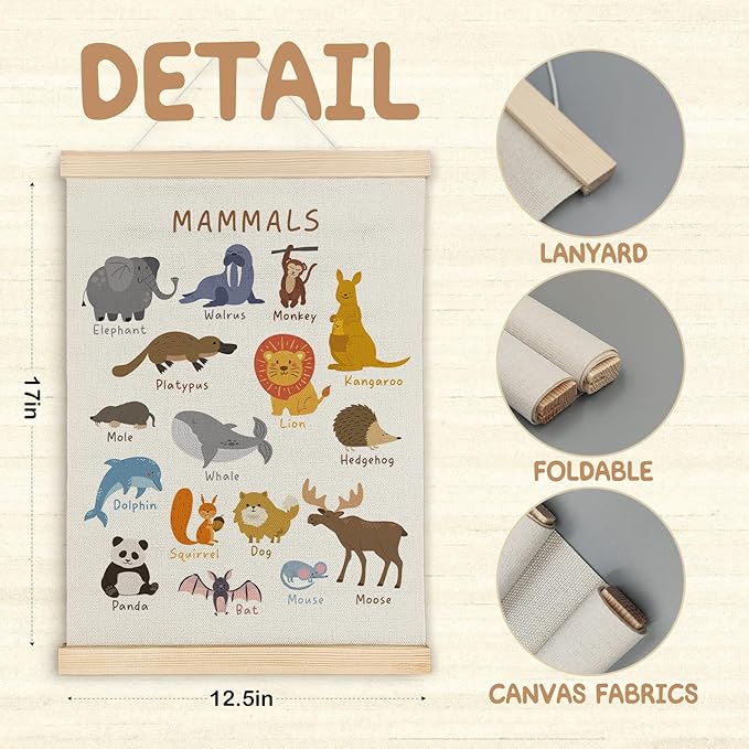 SereneHanctuary Mammal Animal Wall Art,Educational Animal Nursery Wall Decor, Boho Mammals Poster Hanger Frame for Toddler Kids Room Bedroom Nursery Playroom Classroom Decor,12x16 Inches