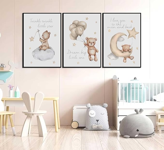 3Pcs Nursery Teddy Bear Wall Art Cute Little Bears Wall Decor Slepping Teddy Bears Posters Prints Moon Star Cloud Neutral Nursery Canvas Pictures for Kid's Room or Bedroom Painting Unframed