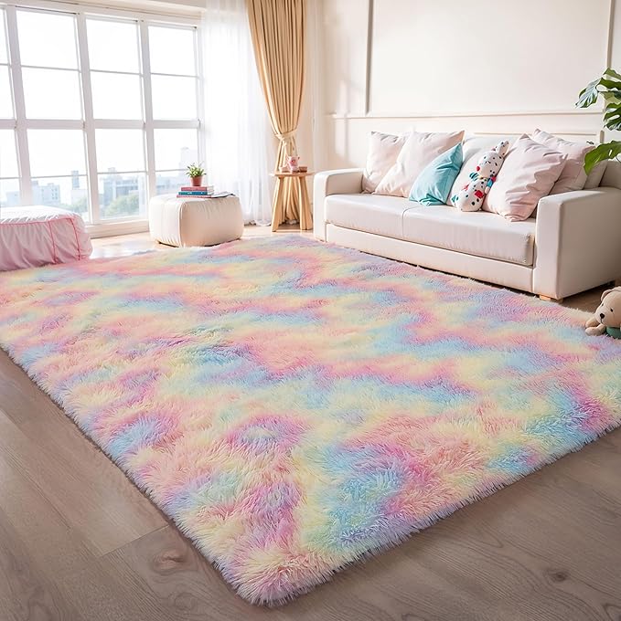 5x8 Rainbow Shaggy Unicorn Kids Rug for Girls Bedroom, Fluffy Fuzzy Soft Shag Princess Area Rugs for Living Room, Pastel Plush Washable Non-Slip Carpet for Nursery, Teens Boys Dorm Toddler Room