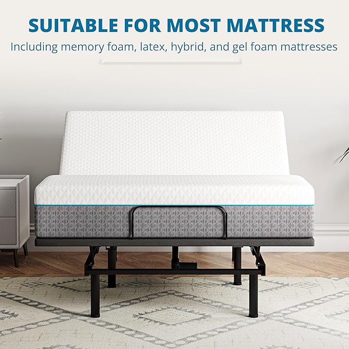 EGOHOME Adjustable Bed Frame Full Size and 14 inch Charcoal Gel Memory Foam Mattress, Independent Head and Foot Incline with Massage Foldable Bed, Wireless Remote, Zero Gravity, No Headboard