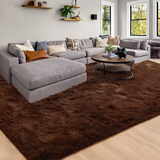 Merelax Soft Modern Indoor Large Shaggy Rug for Livingroom Bedroom Dorm Kids Room Home Decor, Non-Slip Plush Fluffy Furry Fur Area Rugs Comfy Nursery Accent Floor Carpet 9x12 Feet, Brown