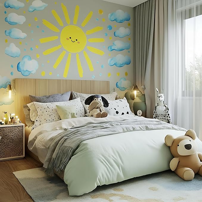 Large Watercolor Sun Cloud Wall Stickers Decals, Vibrant Easy Peel Stick Lovely Smile Face Design for Nursery Classroom Kids Room Playroom Toddler Church Daycare Decor