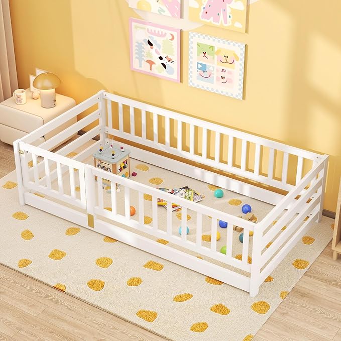 Giantex Twin Floor Bed with High Fence & Door, Montessori Floor Bed with 21.5" Safety Guardrails, Solid Wood Twin Beds Frame for Kids Girls, Boys, Without Slats, White