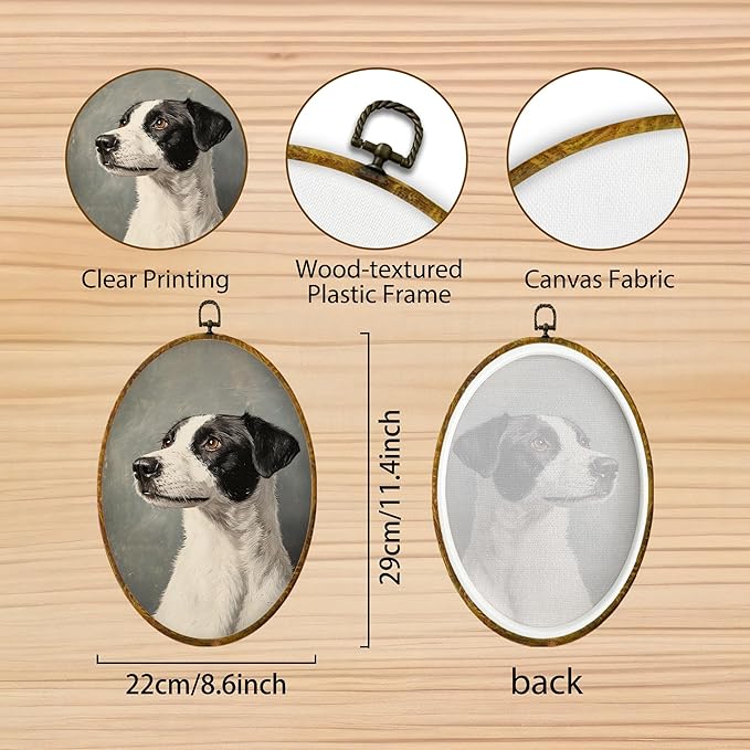 Hiuwevt Vintage Dog Oval Wall Art Decor, Antique Dog Gifts Framed Canvas Prints, Rustic Retro Puppy Oval Wall Hanging Decor for Home Gallery Decorations, 8.6x11.4 Inches