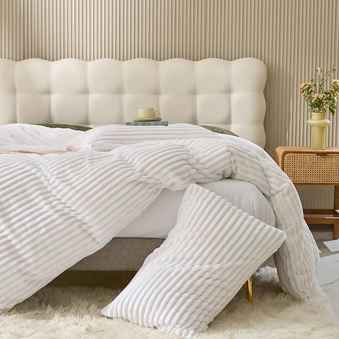 JELLYMONI Plush Duvet Cover Set - Queen Size Beige Striped Fluffy Comforter Cover 3pcs Bedding Set Luxury Ultra Soft Faux Fur Duvet Cover with Zipper and 2 Pillowcases (NO Comforter)