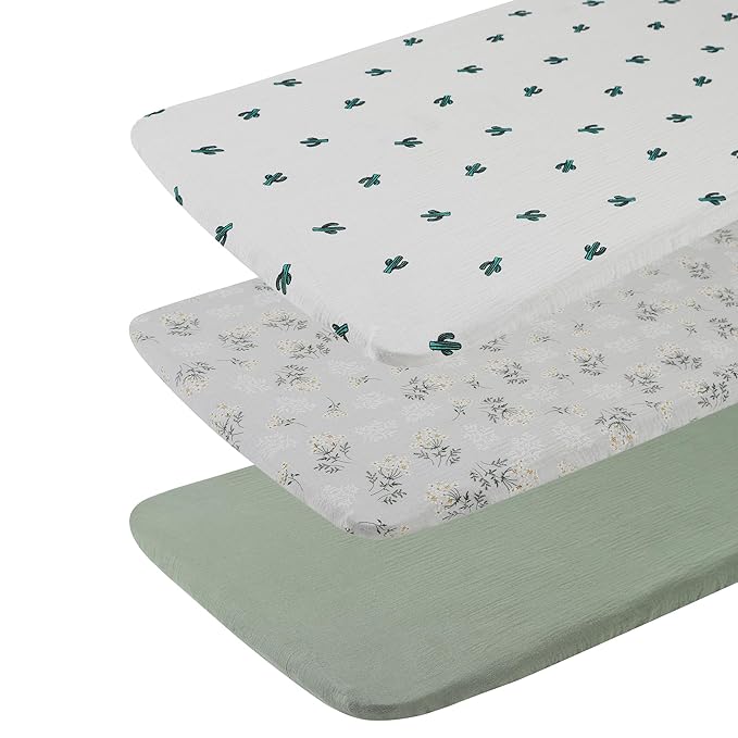 Onacosht Muslin Bassinet Sheets 3 Pack, 100% Cotton Baby Fitted Sheet 33" X 17" for Standard Rectangle Round Oval and Hourglass Bassinet Mattress, Green, Floral and Cactus