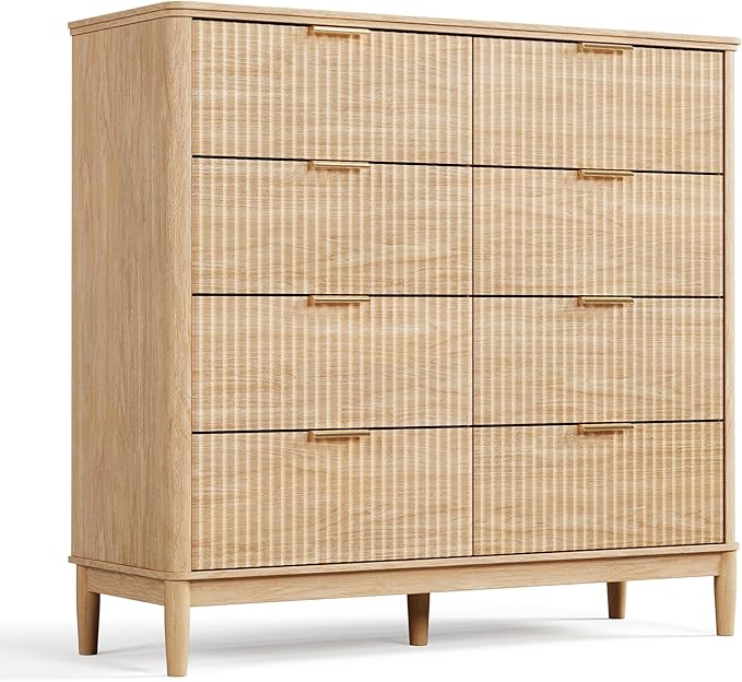 LINSY HOME Fluted Dresser for Bedroom with 8 Drawers, 47" Wide Mid Century Modern Dressers, Tall Boho Chest of Drawers, Large Wood Accent Storage Cabinet for Living Room, Curved Profile Design, Oak