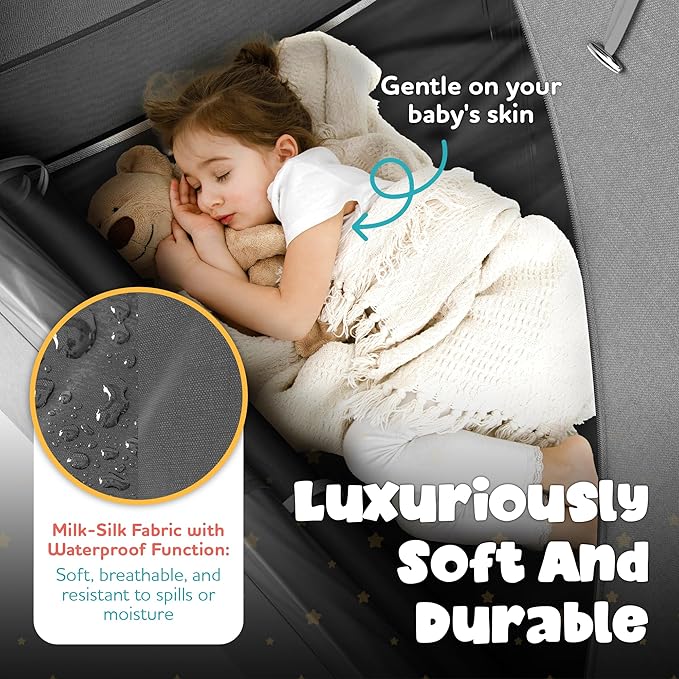 YoungMinds Blackout Baby Crib Tent - Waterproof Sleep Pod Fits for Travel Pack and Play, Milk Silk Fabric, Kids Black Out Cover Mosquito Net Tent with Toy Holder, Pack N Play Canopy Blocks Light