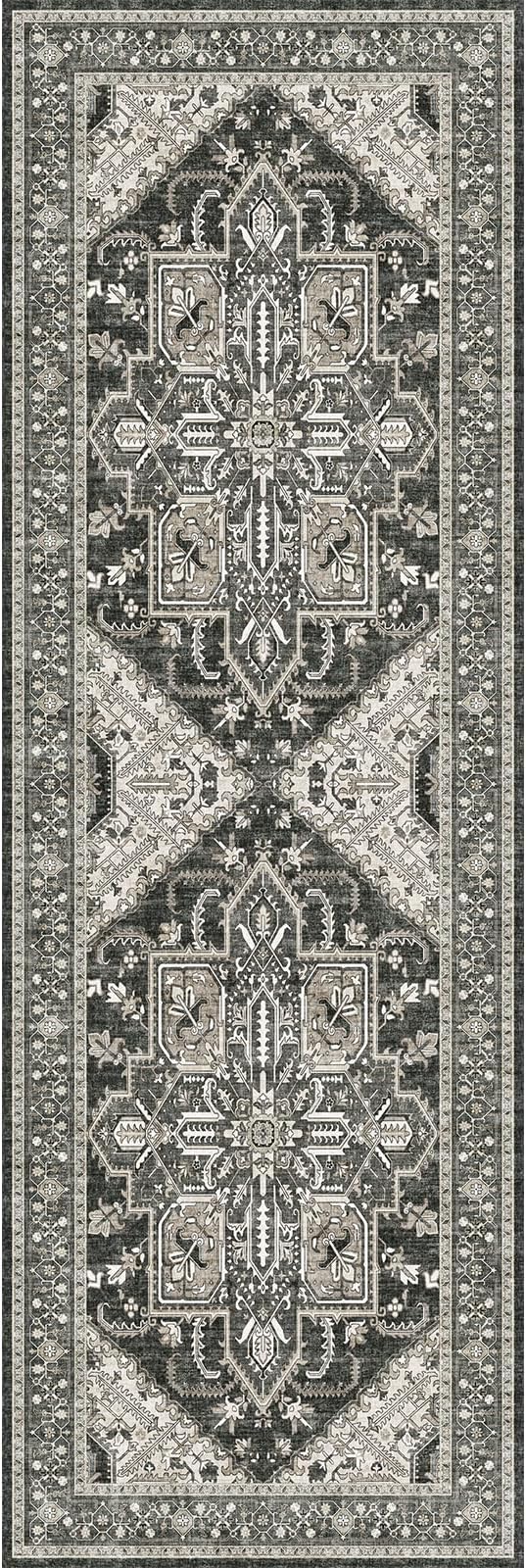 WITSHOCK Boho Area Rugs Machine Washable for Living Room Bedroom, 2x6 Vintage Non-Slip Stain Resistant Floor Carpet Indoor for Bedroom Kitchen Entryway Bathroom, Bitter Black