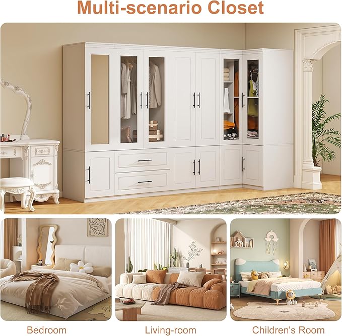 White Armoire Wardrobe Closet with 7 Door: Wood Wardrobe Closet Cabinet with Mirror Combination Corner Cabinet Wooden Bedroom Armoire with Hanging Rods for Home/Bedroom/Office