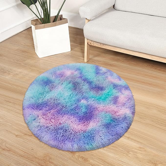 3x3 ft Small Fluffy Purple Rainbow Kids Rug for Girls Bedroom,Tie Dye Colorful Soft Shag Carpet Round Plush Shaggy Circle Area Rug Pink for Girls Room Nursery Baby Playroom Unicorn Home Decor