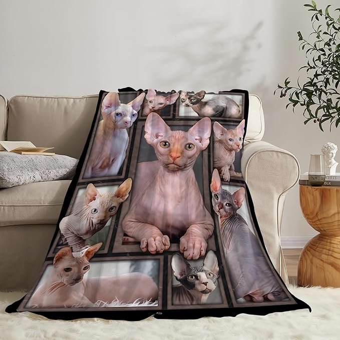 Sphynx Cat Gifts & Decor - Cute Throw Blanket for Girls, Women, Kids & Adults - Soft, Warm, Cozy Fleece Blanket for Couch, Sofa, Bed - 80"x60"
