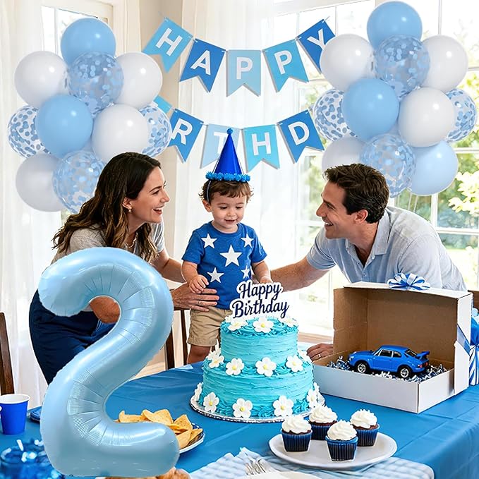 2nd Birthday Decorations For Boy -12 Inch Blue White Balloons, 40 Inch Blue 2 Balloon,, Happy Birthday Banner for Baby Boy 2 Year Old BD Party Decorations