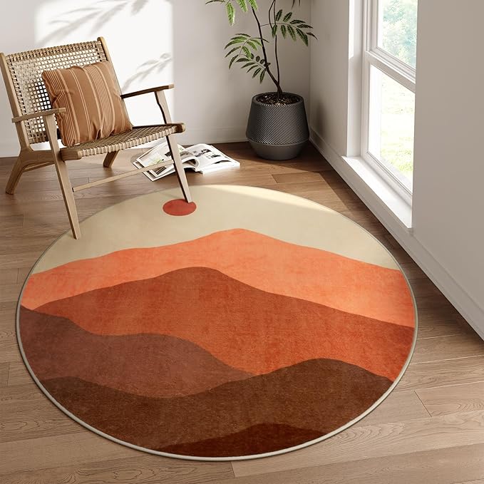 Round Area Rug 4ft, Mountain Circle Rug Print Round Kitchen Rugs Non Slip Washable Entryway Rug, Low Pile Soft Circular Carpet for Living Room Bedroom Decor(Brunt Orange)