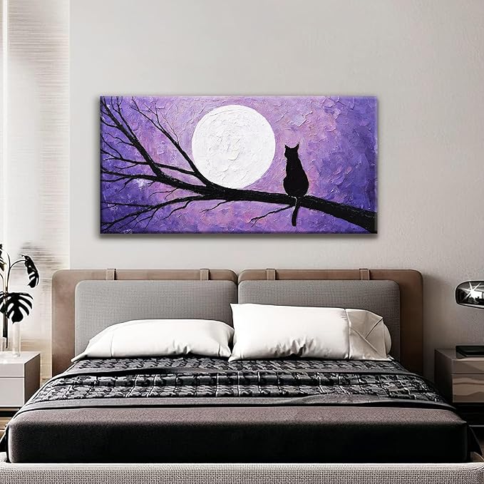 QSQ Cat Wall Art Prints Painting Canvas Art Wall Decor Funny Monet Cat Under The Moonlight Abstract Wall Art Posters Picture For Bedroom Bathroom Office Home Decor Aesthetic 20" × 40"