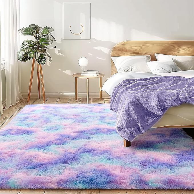 2x6 Fluffy Runner Rug - Non Slip Blue Rainbow Tie-dye Rug for Living Room - Cute Indoor Floor Rug for Girls Room