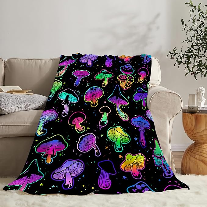 Colorful Mushroom Gifts and Decor - Soft Warm Cozy Fleece Mushroom Blanket for Girls, Women, Kids, Adults - 80"x60"