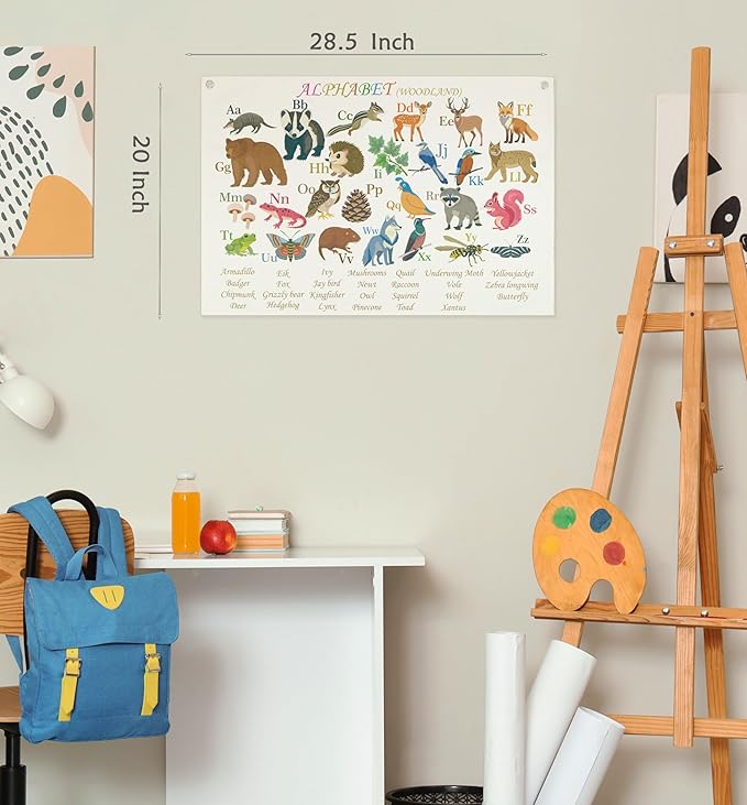 Alphabet poster for Nursery Toddlers,Playroom Wall Decor,ABC Wall Chart,Wall Rectangular Decor for Toddler Playroom Decor Kids Wall Décor-Woodland Alphabet-Banner Flag Wall Sign Decor Gift