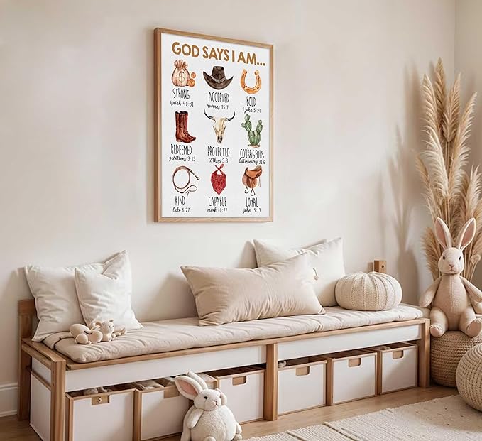 Framed Christian Nursery Canvas Wall Art God Says I Am Inspirational Bible Verses Western Cowboy Painting Pictures Wall Decor Posters Prints Artwork for Kids Girls Bedroom Playroom Baby Room