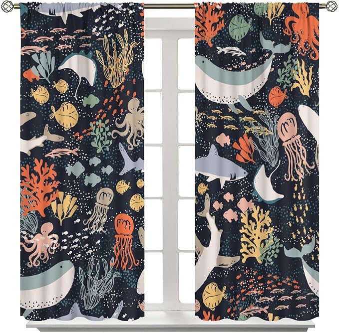 Sea Animals Curtain Cartoon Fish,Undersea Cute Whales Dolphin Underwater Wild Life Blue Ocean Boys Girls Waterproof Polyester Fabric Bedroom Decoration Set 2 Panels,52x84 Inches