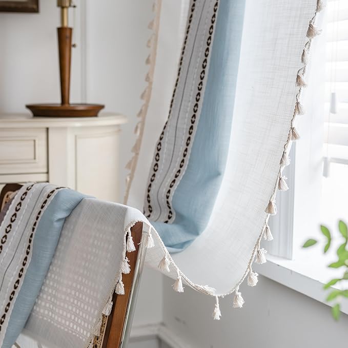 Deeprove Boho Linen Curtains 63 inch for Bedroom Living Room, Semi Blackout Cottage Farmhouse Tassels Window Treatment Bohemian Embroidery Drape Rod Pocket 1 Panel 52" W x 63" L, Blue and Brown
