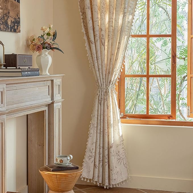 OYX Boho Curtains, Floral Curtains Beige with Garden Birds, Farmhouse Birds Drapes 84 Inches Length Semi Blackout, Rod Pocket Vintage French Country Window Curtain Set 2 Panels for Kitchen, Bedrooms