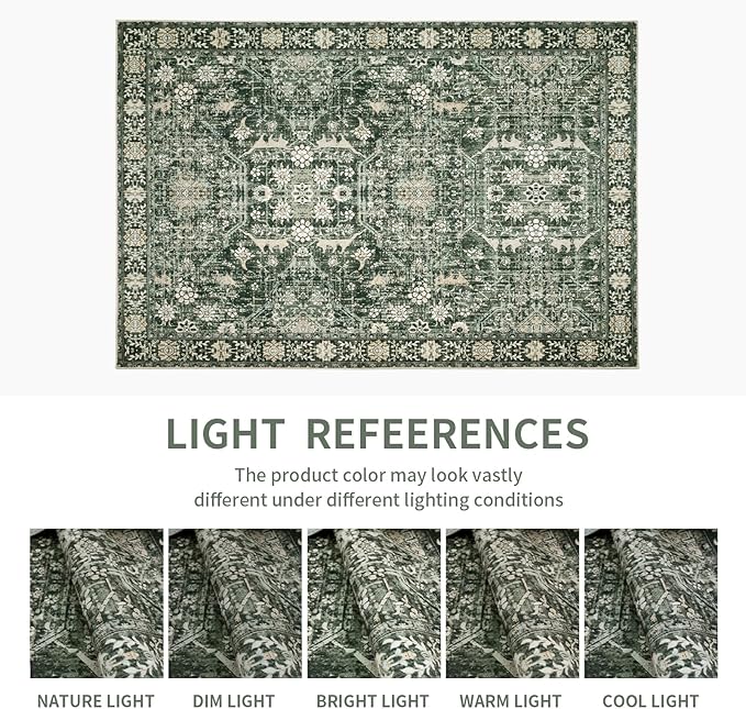 Area Rug 8×10 Washable Rugs for Bedroom, Vintage Floral Rug Soft Non Slip Stain Resistant Carpet for Living Room Dinning Room Kitchen Home Office Green Black
