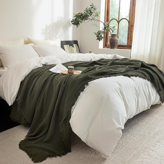 FOSSA Muslin Blanket with Fringe - 4-Layer 100% Cotton Gauze Super Soft & Breathable Throw -Lightweight Decorative Cooling Blanket for Bed, Sofa, Office -Twin XL Size 90" × 66" (Olive Green)