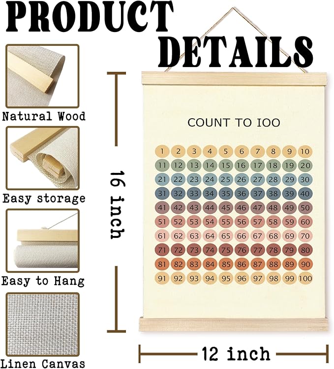 Hiuwevt Boho Classroom Poster Hanger Frame, Number Chart 1-100 and Direction Homeschool Educational Wall Art Decor for Math Classroom Kids Room Nursery Home, 12x16 Inch Set of 2