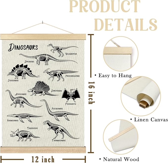 BCUANGD Dinosaur Dino Skeleton Wall Decor - Baby Toddler Boys Room Wall Art Poster Hanger with Wood Frames, Inspirational Wall Hanging Canvas Decor for Kids Room Playroom Nursery Bedroom, 12x16 Inches