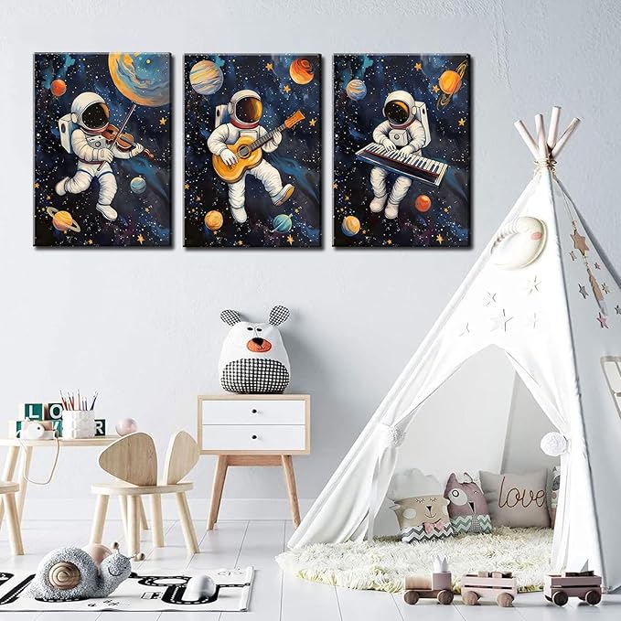 3Pcs Space Astronaut Musiic Canvas Wall Art Cute Astronaut Musician Decor Pictures Funny Piano Guitar Violin Posters Prints for Boys Room Girls Room Kids Room Nursery Decoration