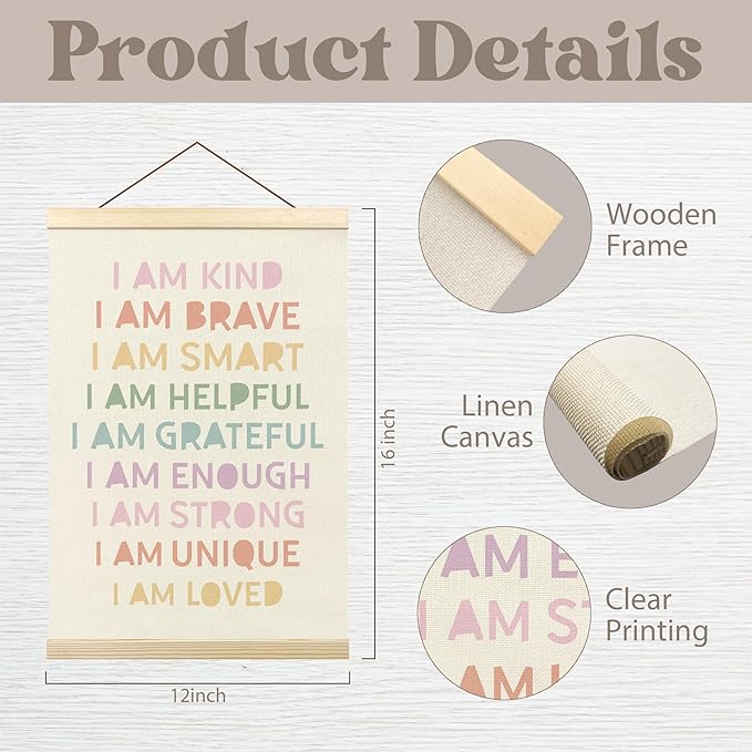 Pastel Boho Kids Wall Art Decor, I Can Do Hard Things Positive Affirmations Poster Hanger Frame for Kids Room Bedroom Nursery Playroom Classroom Wall Decor, 12x16 Inch Set of 2