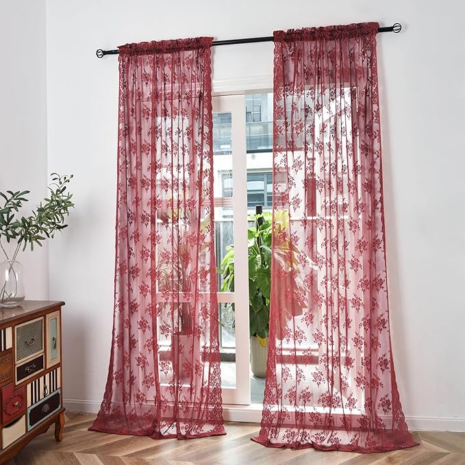 Kotile Burgundy Lace Curtains 63 Inch Length 2 Panels Rustic Floral Cottagecore Maroon Sheer Curtains for Bedroom, Rod Pocket Privacy Light Filtering Vintage Sheer Window Curtains, Each 52 x 63 Inch