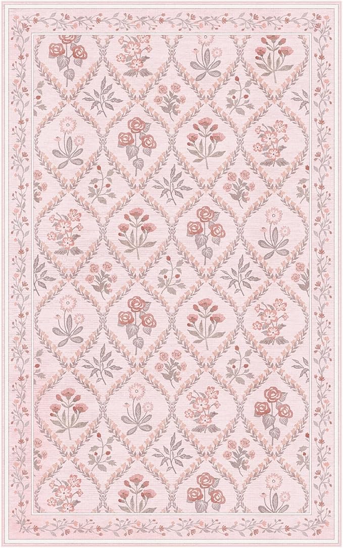 Nursery Rug for Baby Girl, 5x8 Washable Pink Rugs for Bedroom Girls, Soft Faux Wool Cute Pink Boho Floral Area Rugs for Living Room Kids Room Playroom, Pink Multi