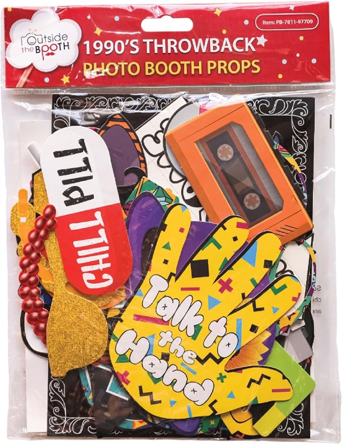90s Photo Booth Props - 41-pc 90 s Selfie Prop Kit with 8 x 10-Inch Sign, 60 Adhesive Pads, 45 Sticks - 90 s Party Decorations - 90s Birthday Party