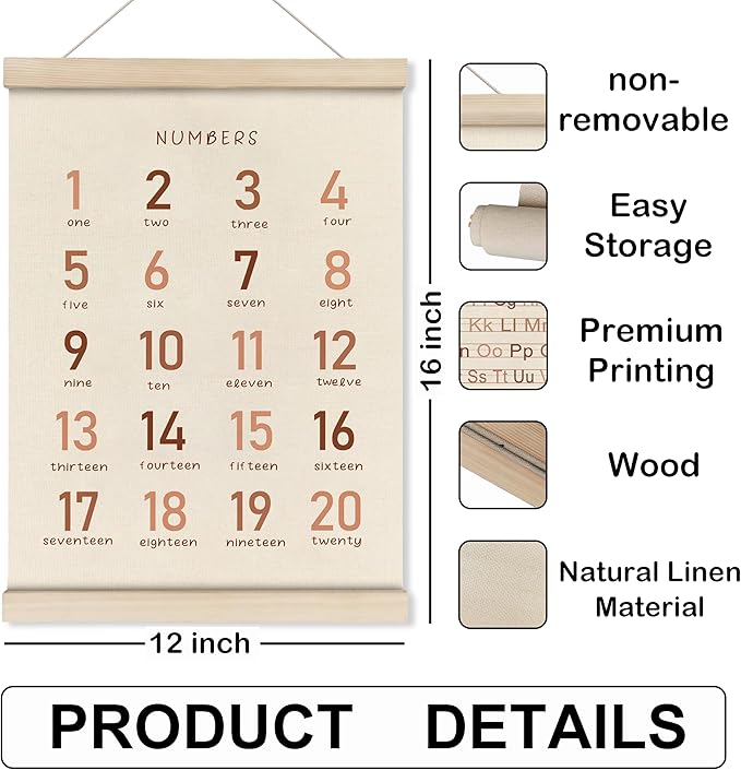 HRQKO Alphabet Numbers Poster Hanger Frame Set of 2, Girls Nursery Wall Decor, ABC Poster Wall Art with Wooden Frames, Burnt Orange Alphabet Banner Wall Hanging Decor for Toddler Playroom,12x16 Inch