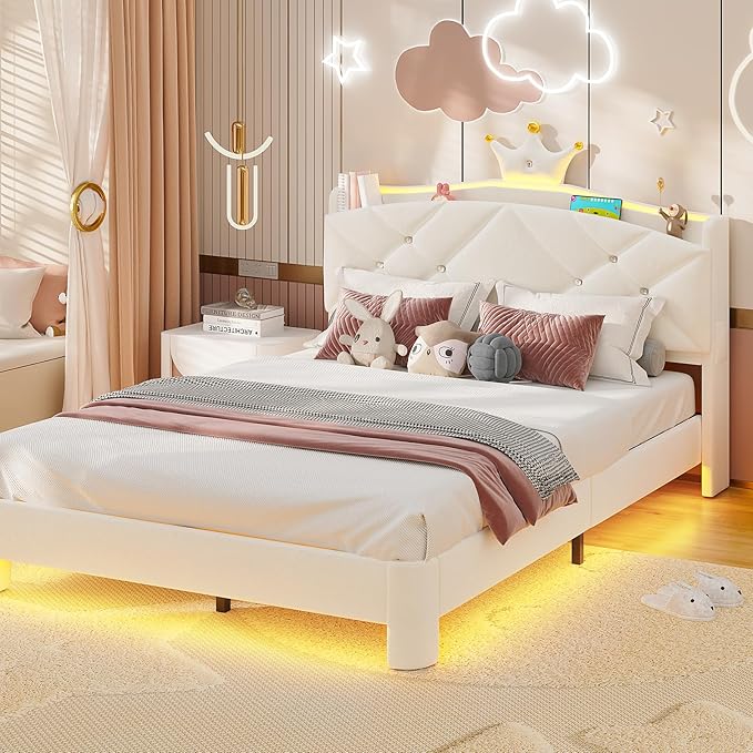 MSmask Full Bed Frame with LED Lights, Princess Upholstered Bed with Headboard with Charging Station & Crystal Button & Crown, Velvet Platform Bed for Girls, Solid Wood Slats, Curved Legs, White