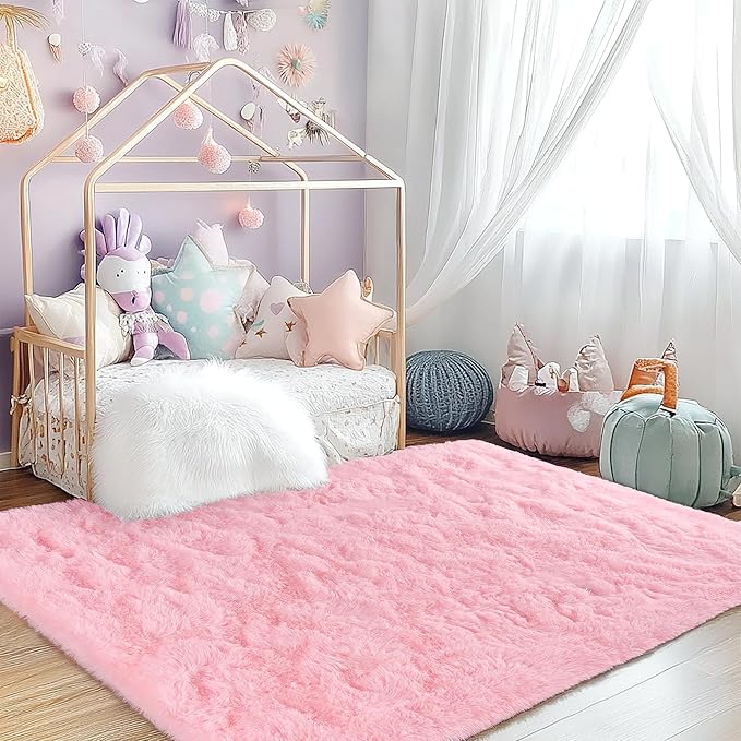 3x5 Fluffy Pink Area Rug - Soft Cute Shag Fuzzy Rug for Bedroom - Anti-Skid Living Room Girls Rug Pink Home Decor