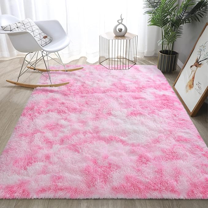 DweIke Fluffy Pink White Rugs for Bedroom Living Room, 4x6 Feet Soft Plush Shaggy Tie-Dyed Pink Girls Boys Kids Rug, Non-Slip and Machine Washable Carpet for Dorm Nursery Classroom Decor
