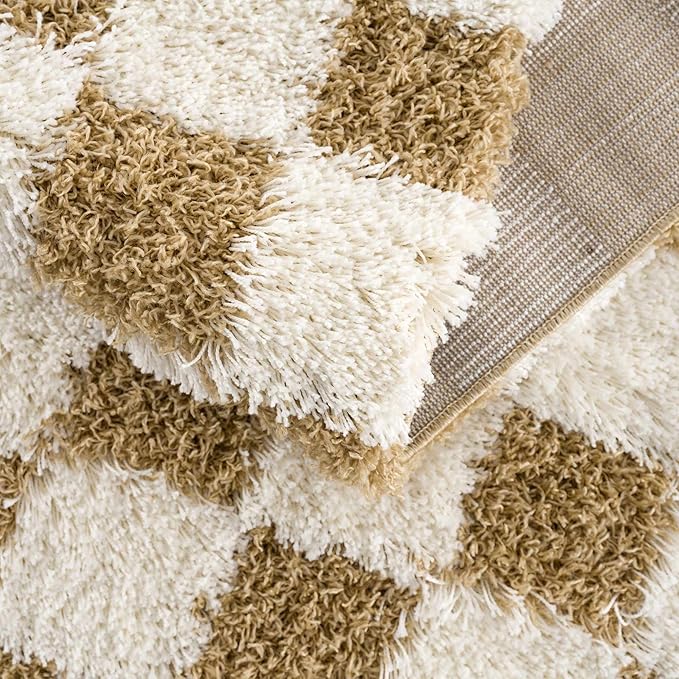 Hauteloom Atira Contemporary Checkered Fluffy Shag Area Rug - Modern Geometric Carpet Tiles for Living Room, Kids Room, Nursery - Plush Pile - Yellow, Cream, White - 7'10" x 10'3"
