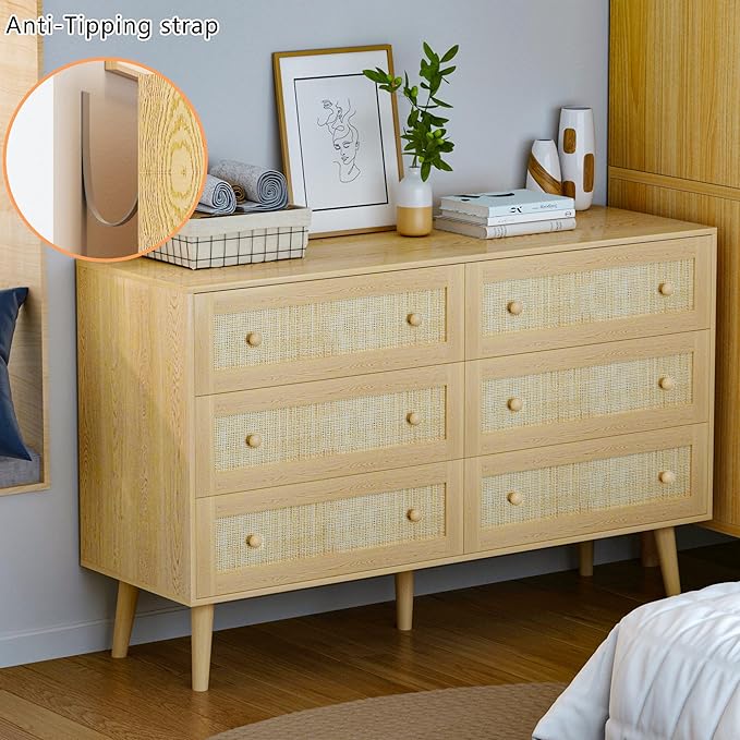 Rattan Dresser for Bedroom, Modern 6 Drawer Dressers & Chest of Drawers, Natural Boho Dresser with Handles Wood Storage Organizer Modern Dressers for Closet, Hallway, Office