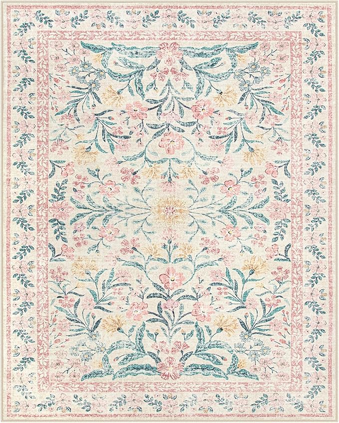 Wonnitar 8x10 Washbale Rugs for Living Room, Boho Pink Room Decor for Girls Bedroom, 8 x 10 Soft Non Slip Low Pile Indoor Floral Carpet for Kids Room Playroom Toddler Nursery
