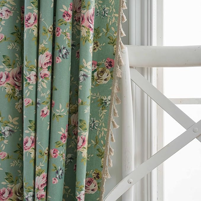 OYX Boho Curtains 63 Inch Length 2 Panels for Living Room, Bedroom Light Filtering Drapes, Farmhouse Vintage Country French Rustic Tassels Pattern Rod Pocket Aesthetic Decor Window Treatments