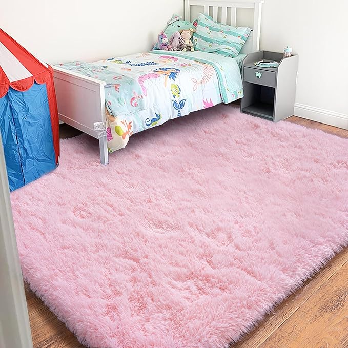 Pink Rug for Living Room, 6x9 Area Rug for Cute Girls Room, Bedside Indoor Floor Fluffy Shag Carpet, Plush Soft Rug for Bedroom Nursery Dorm Home Decor
