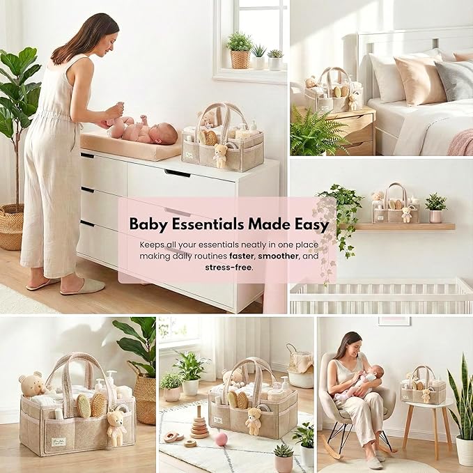 PeraBella XL Diaper Caddy Organizer With Handle, Baby Shower Gifts Basket Bag, Registry Search Must Haves Items, Newborn Girl Boy Nursery Storage Organizer, Baby Bag Essentials, Car Diaper Caddy Cart