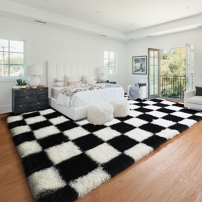 KICMOR 6x9 Area Rugs for Living Room Bedroom, Large Black and White Checkered Fuzzy Fluffy Shag Shaggy Carpet, Big Plush Soft Floor Rug for Kids Boys Girls Teen Dorm Nursery Home Decor Aesthetic