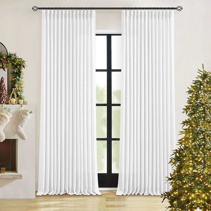 Pleated Linen White Curtains 96 Inches Long 2 Panels Set for Living Room Bedroom Neutral Farmhouse Cotton Linen Blend Back Tab Memory Shape Pinch Pleat Ceiling to Floor Window Curtain Snow White 8 Ft