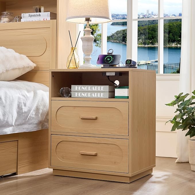 Nightstand Set of 2 with Charging Station, End Table with 2 Drawers Storage, Space-Saving Wood Storage Cabinet with Unique Base Design, Bedside Table for Bedroom, Living Room