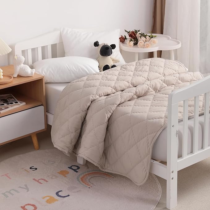 FLXXIE Machine Washable Microfiber Down Alternative Oversized Toddler Comforter, Super Soft and Lightweight Kids Crib Quilted Blanket for Stroller, Travel, 43x60 Inches, Light Taupe