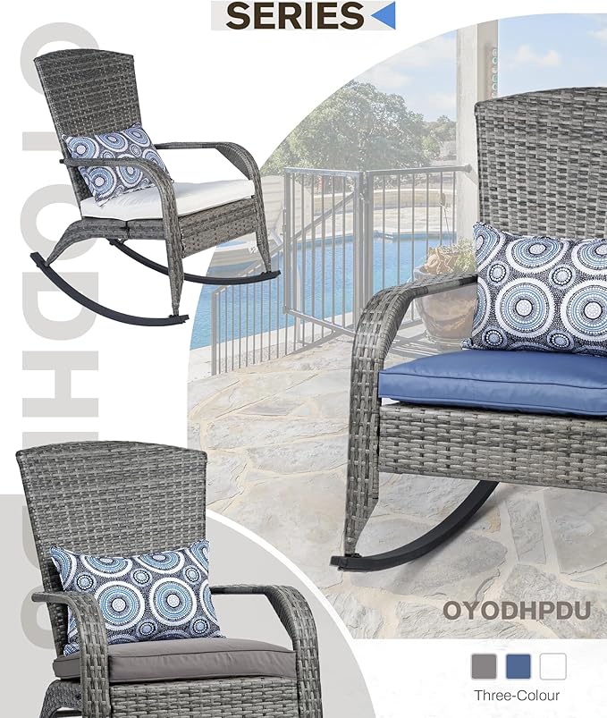Outdoor Rocking Chair Set of 2- Patio Rocking Chairs with Cushions and Steel Frame- All Weather Outdoor Rocker Chair with 2 Replaceable Cushion Covers (Blue & Grey), 320lbs